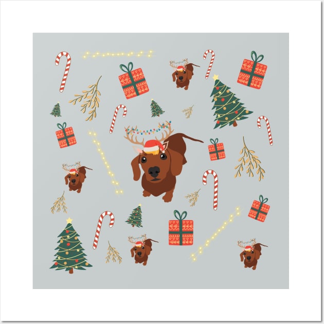 Dachshund Dog with Reindeer Ear and Christmas Decorations such as Tree, Gift, Mistletoe or Candy Cane Wall Art by Seasonal Dogs